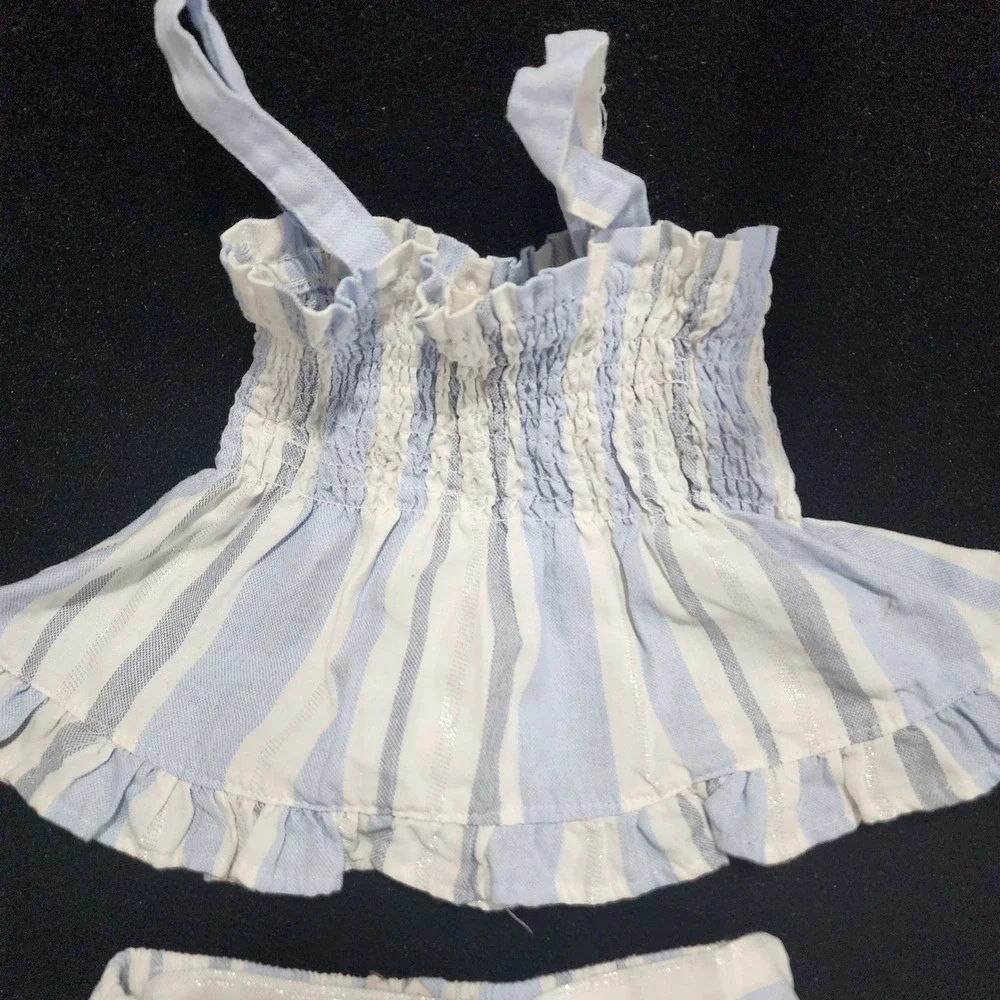 Jessica Simpson Girls 5 Blue White Striped‎ Smocked Ruffle Top & Shorts Set